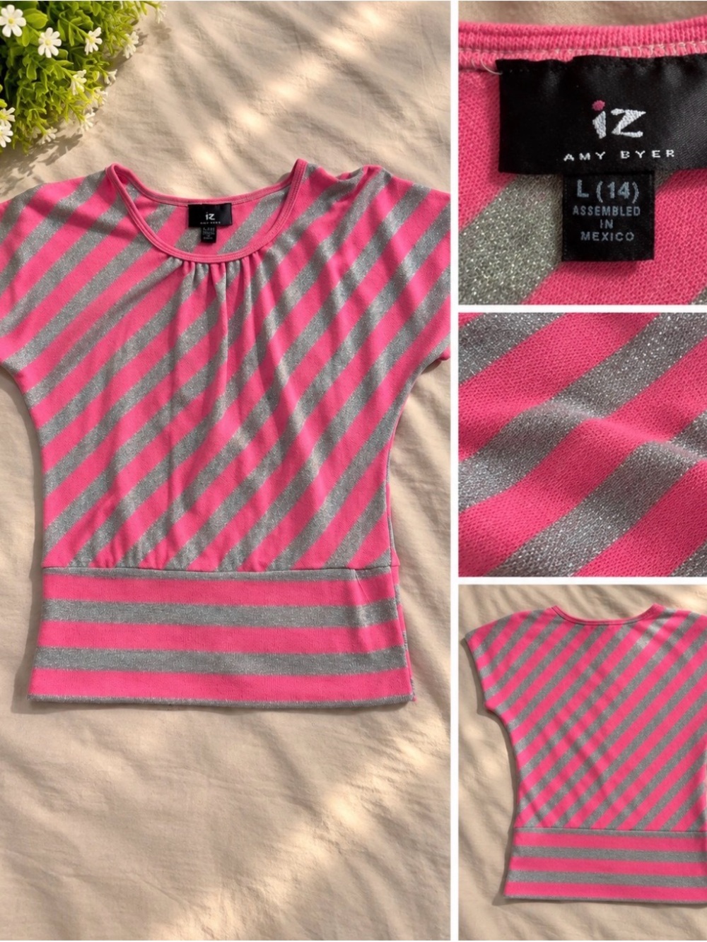 Amy Byer Pink & Silver Diagonal Stripe Short Sleeve Top